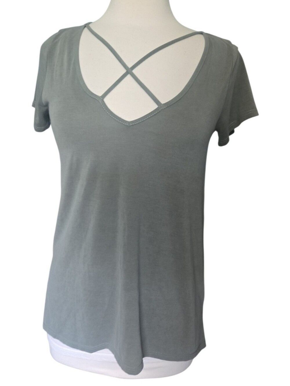 Moa Moa Green Crisscross Neck Short Sleeve Tee - S